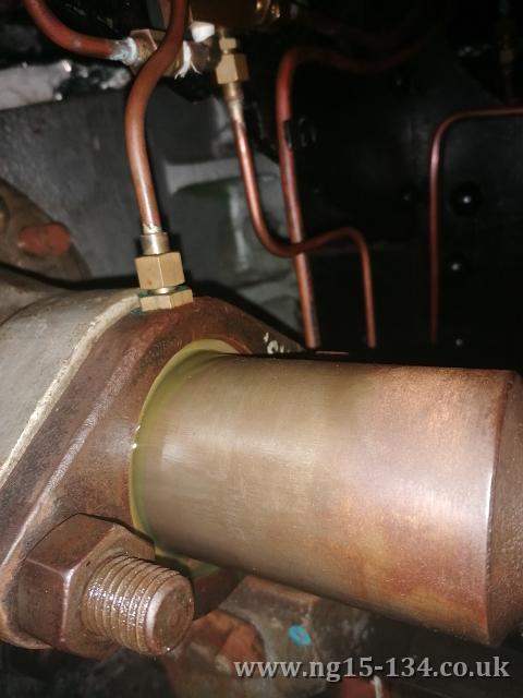 Oil appearing out of the valve gland after priming the steam oil lubrication system. (Photo: Laurence Armstrong)
